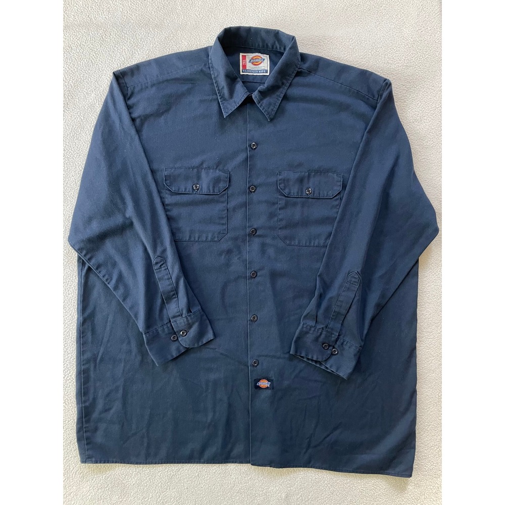 Dickies Mens 2XL Long Sleeve Work Shirt Navy Blue Button Up Twill Pockets